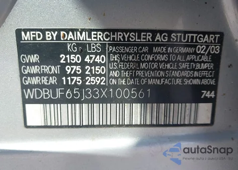 2003 Mercedes-Benz E 320 from USA, damaged, VIN WDBUF65J33X100561